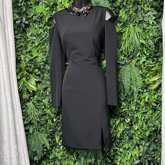 AIDAN MATTOX Dress Women 10 Black Cold Shoulder Sheath Front Split 1966 - Picture 8 of 10